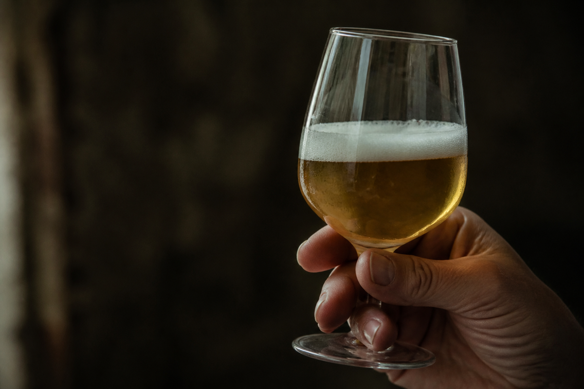 Mano che osserva un bicchiere di birra artigianale durante la degustazione